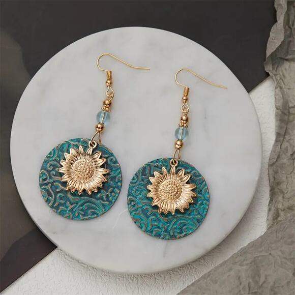 🎀Bohemian Sunflower Vintage Design Drop Earrings Jewelry Gifts | Turquoise/Gold - Picture 3 of 9
